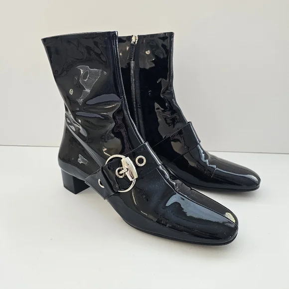 Gucci Black Patent Leather Buckle Combat Boots Size 39 With Anti Slip Sole - Picture 1 of 13